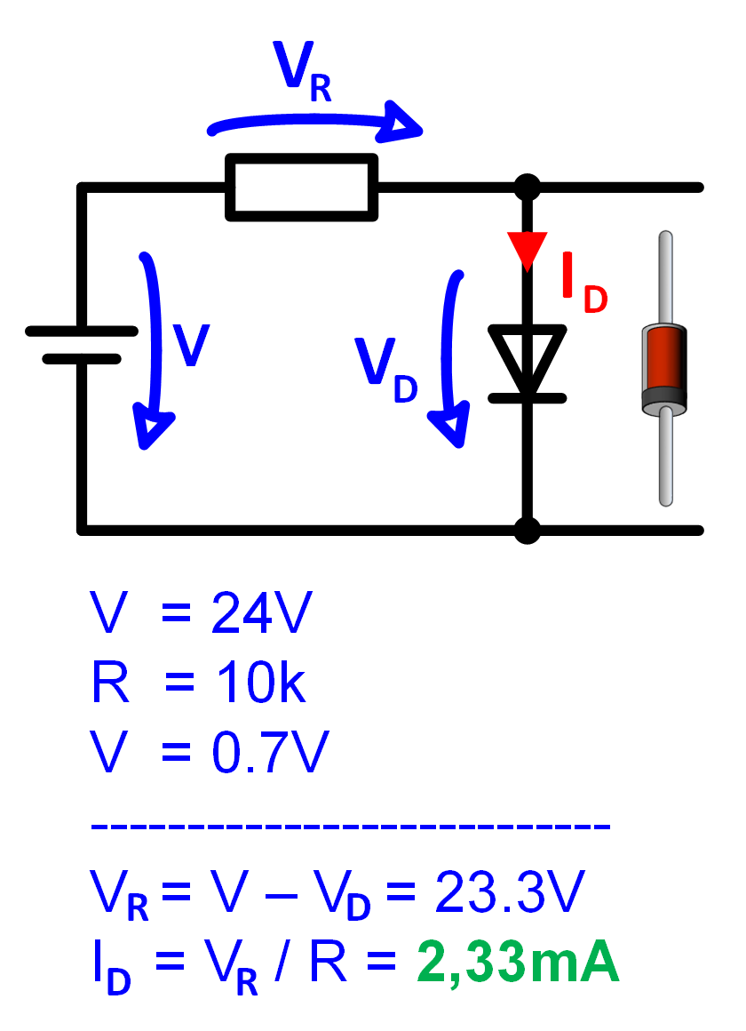 Schaltungszeichnung und Berechnung mit Diode für die Durchlassrichtung